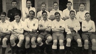 Kingsbridge Grammar School [KGS] association football XI 1933-1934.  Back row J E Pipe, F J Cook, D H Rates, B H Trant, H N Snowdon, G S Winzer.  Front row B T Luscombe, H P G Skellon, R Thomas, P L Brummen,